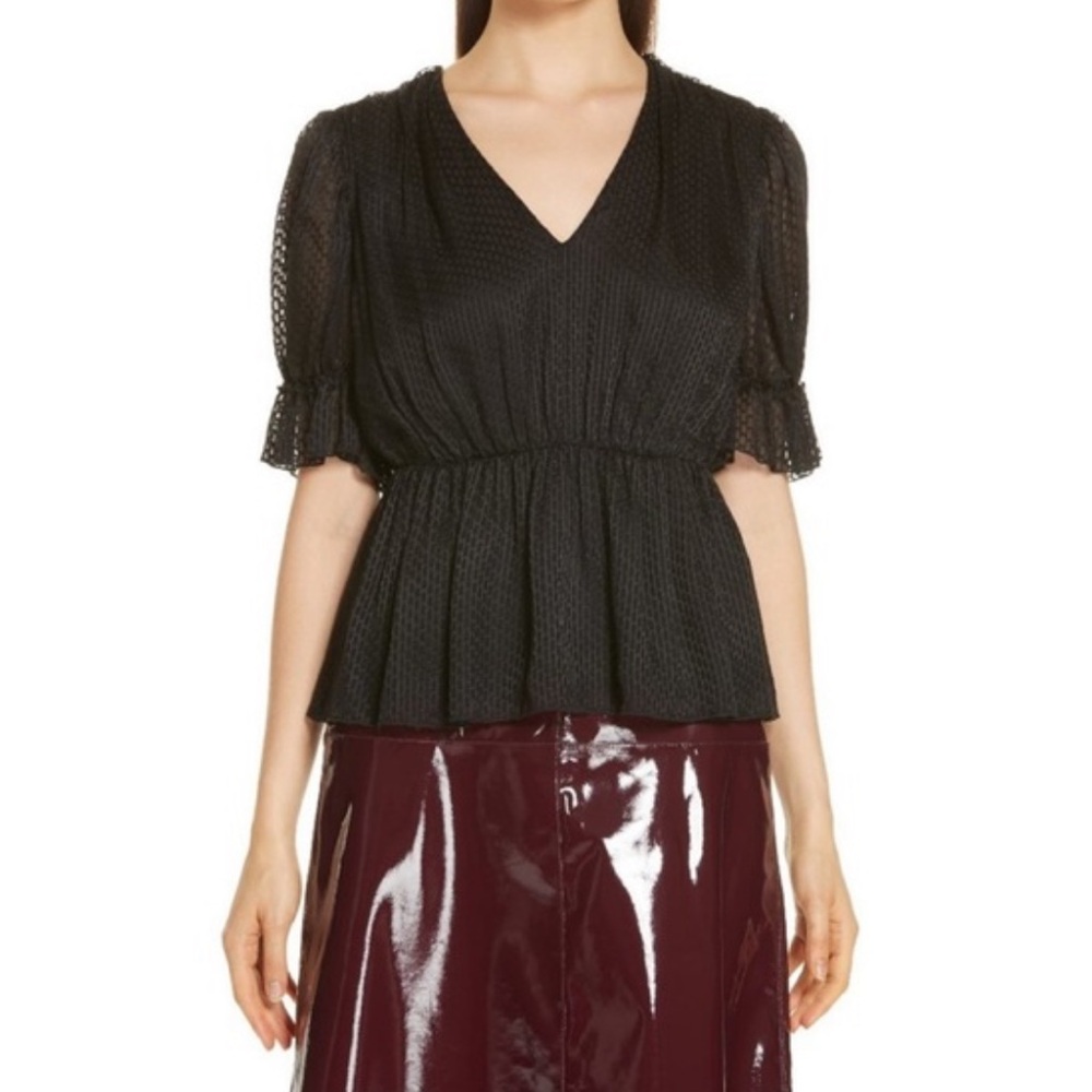 Lewit Black Silk Blend Jacquard Peplum Blouse V-Neck Designer Size S